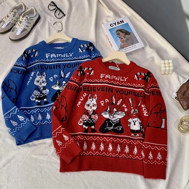 J43潮牌长袖毛衣女2024秋季新款休闲宽松显瘦别致设计感针织衫潮