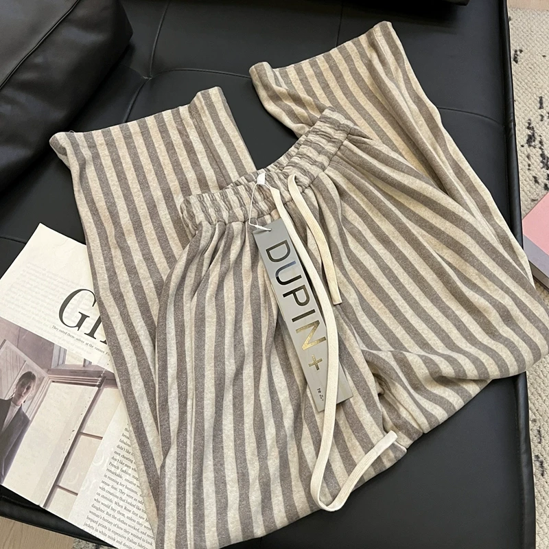 Q86条纹阔腿裤女松紧腰2025春季新款高腰宽松垂感拖地裤直筒裤