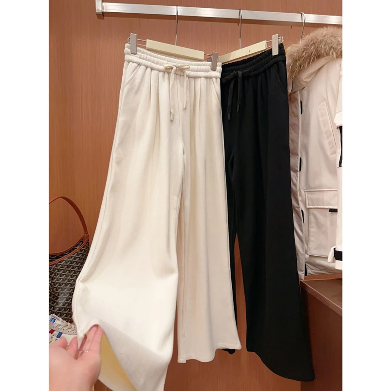 J96加厚阔腿裤女拖地裤松紧腰2024冬季高腰宽松垂感梧桐糯米裤