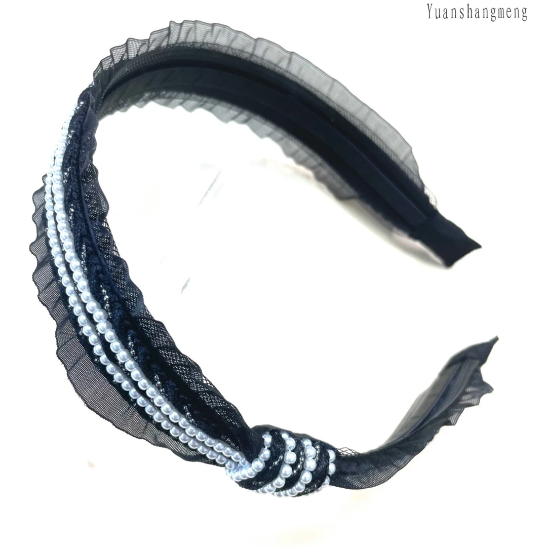 钛钢布艺发饰 瑗尚梦A264韩版精致重工双排气质串珠黑色布艺发箍