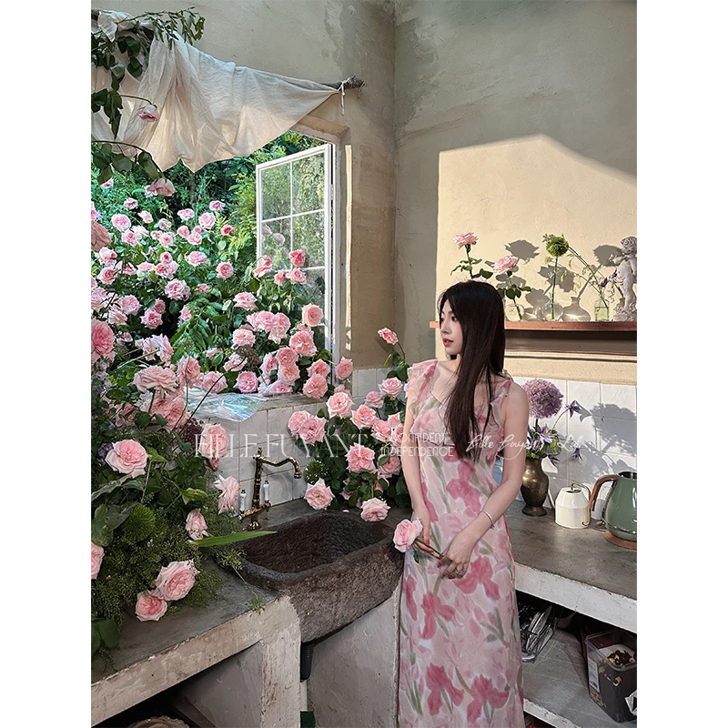 AILIER“绽放的里维埃拉”夏季新款 显瘦修身印花气质碎花连衣裙