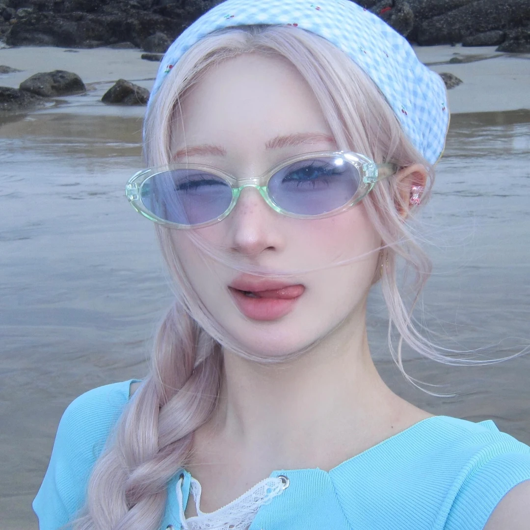 韩系复古椭圆猫眼彩色太阳眼镜女款防紫外线拍照海边度假墨镜小脸