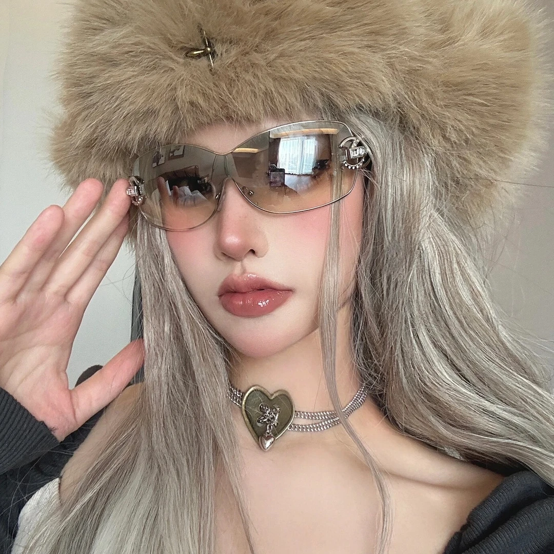 Y2K辣妹太阳镜千禧欧美复古镶钻时尚无框女士连体大框墨镜凹造型