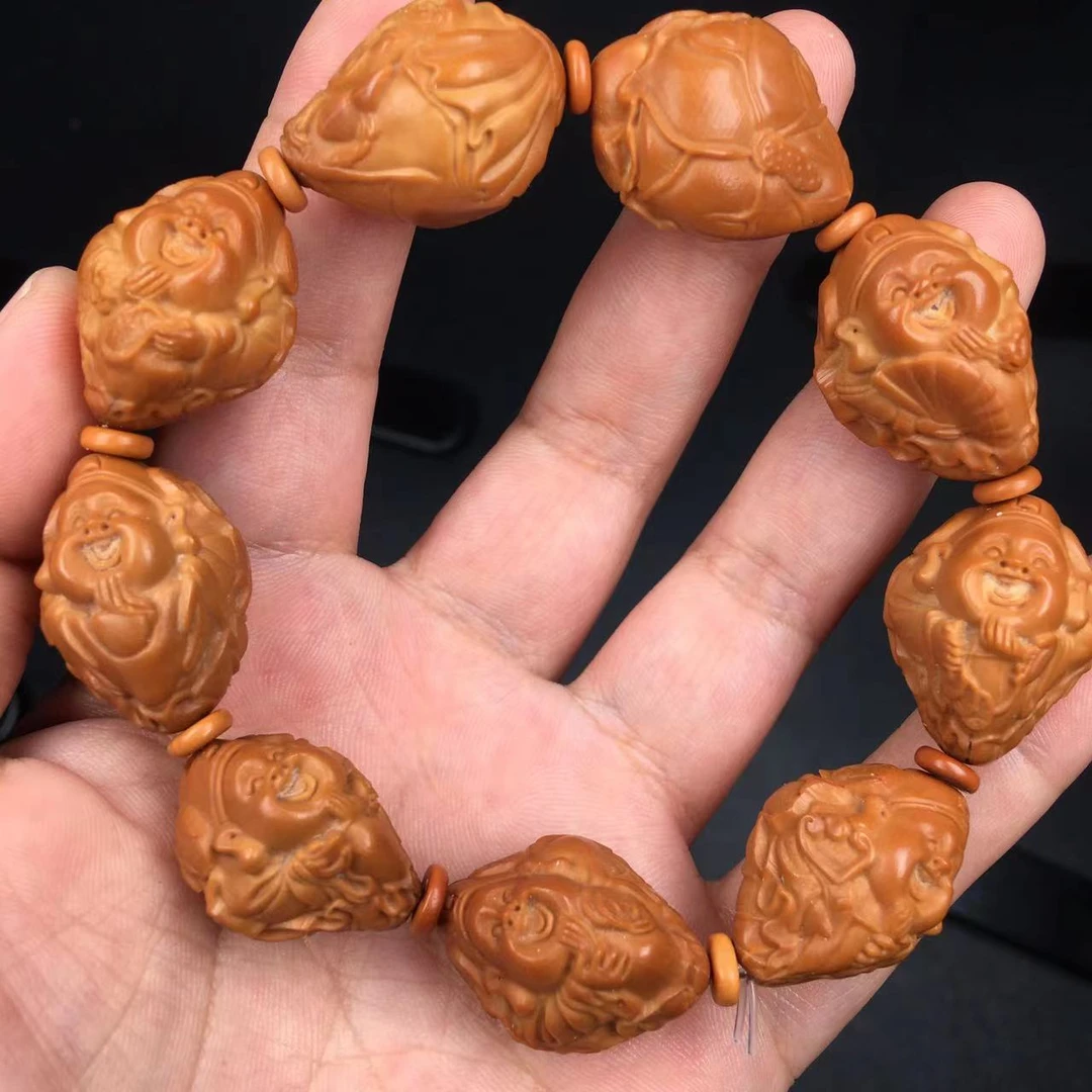 橄榄核核雕手串超荷叶财神
