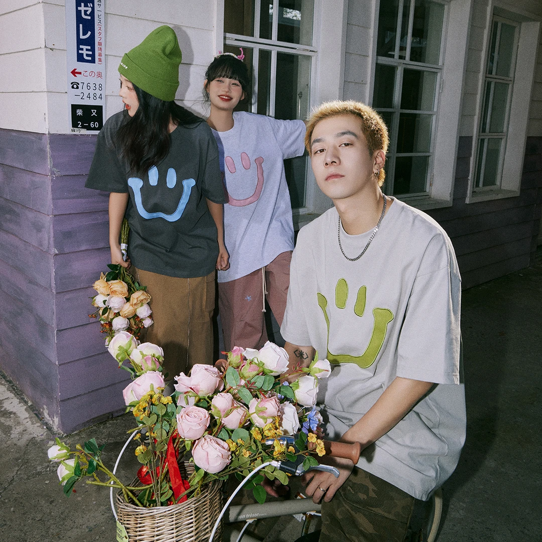 lemanism2025夏季情侣款重磅纯棉260g笑脸贴皮绣短袖T恤