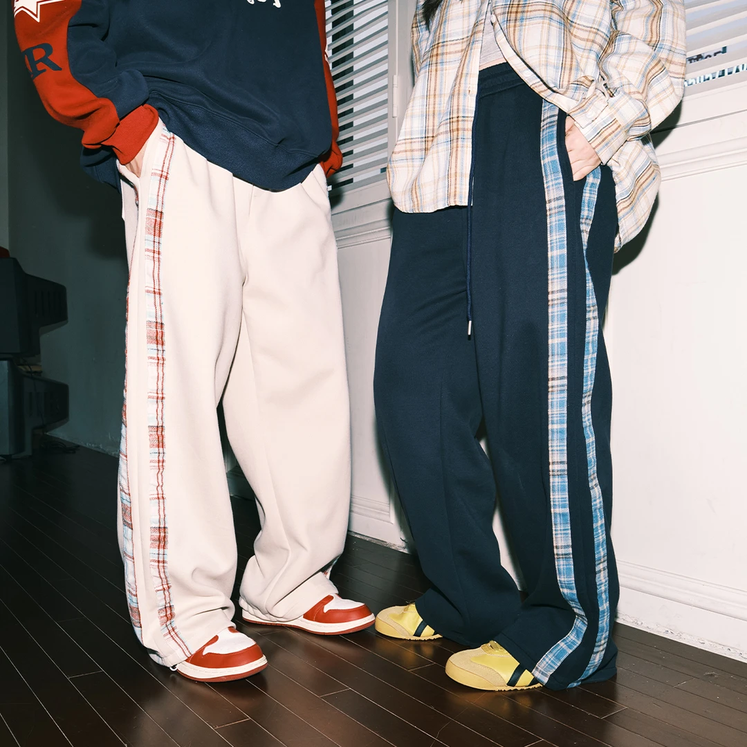 lemanism潮牌格子拼接卫裤男2024秋冬宽松直筒休闲运动裤条纹长裤