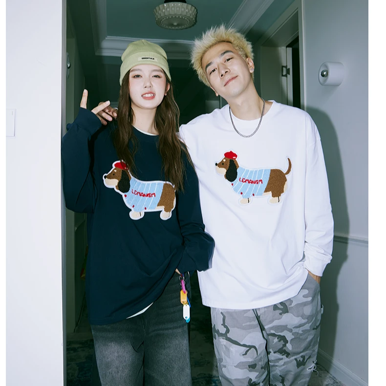 lemanism潮牌春季260g重磅纯棉腊肠狗毛巾绣欧若风长袖体恤衫