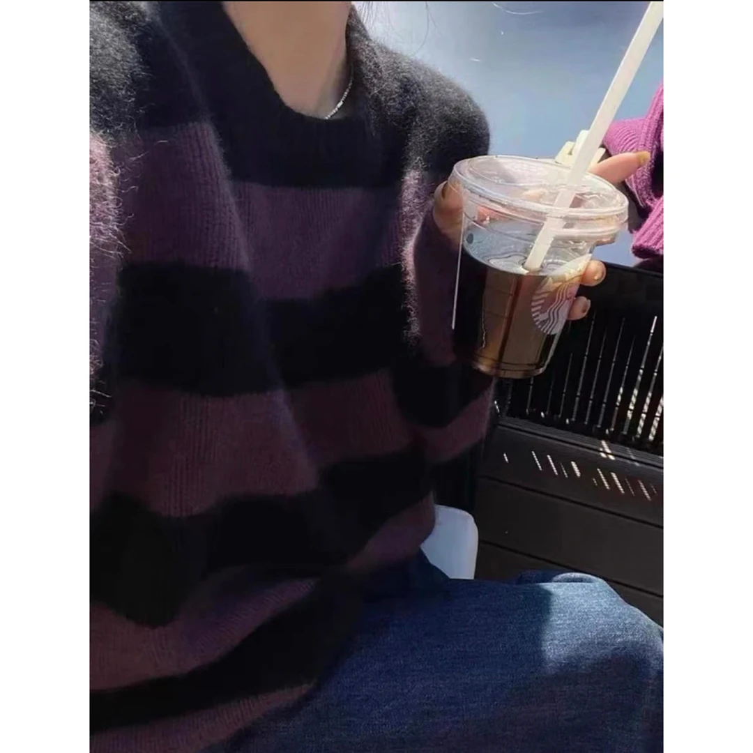 芮初秋冬新款圆领条纹针织宽松女士百搭毛衣网红半高领时尚