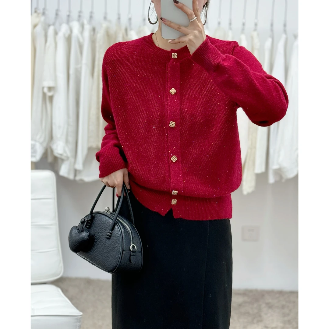 【释上•SHISARIG】圆领开衫气质亮片针织宽松女士百搭毛衣