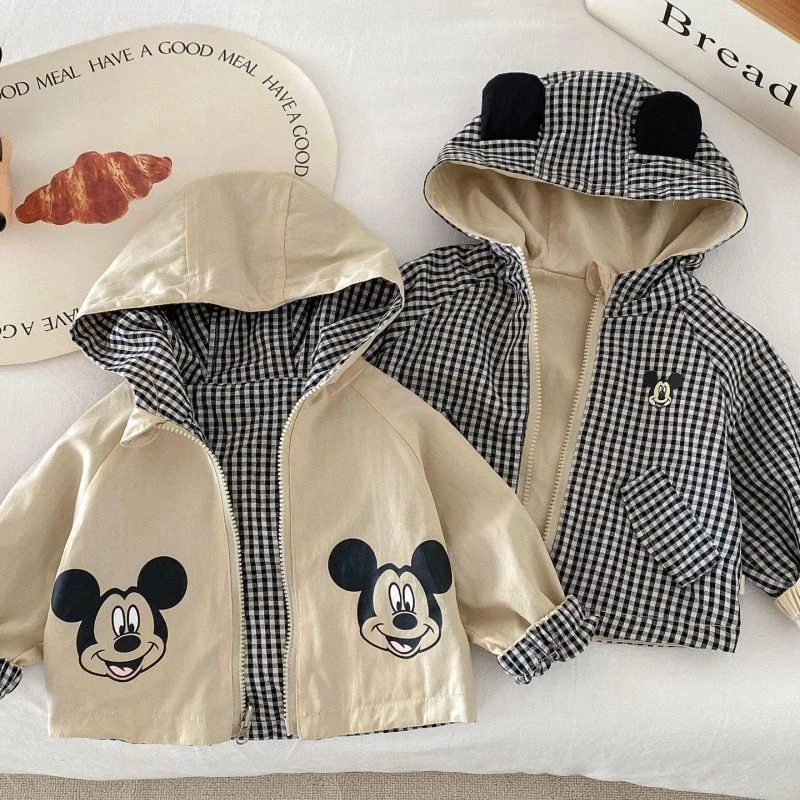 儿童长袖外套春装2024新款洋气男女宝宝双面穿格子连帽韩版上衣潮