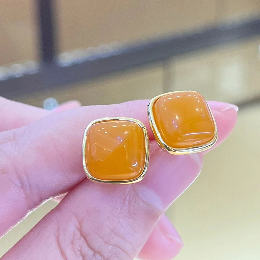 天然琥珀蜜蜡耳钉方形款精美厚银镶嵌13mm大气漂亮显气质 编号20