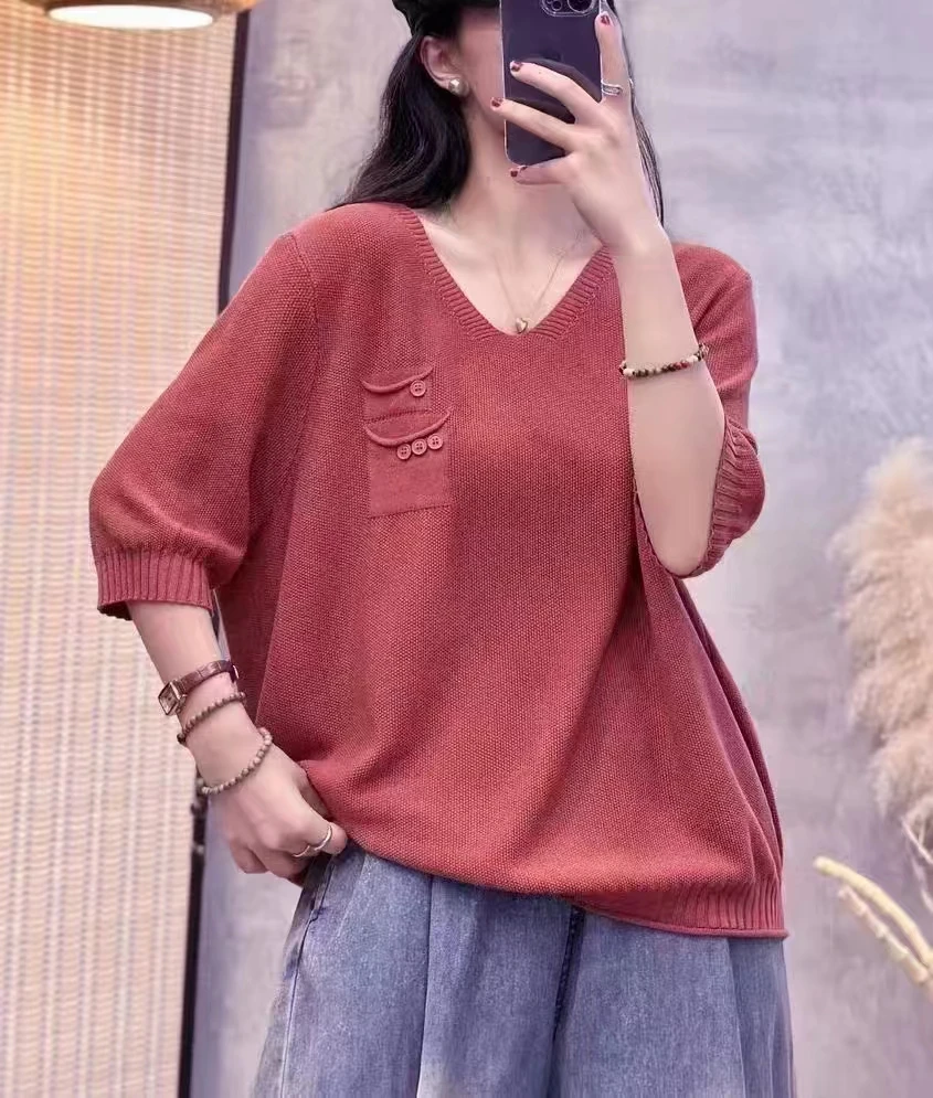 2024夏季新款女装口兜针织衫女短袖复古文艺宽松大码设计感上衣潮