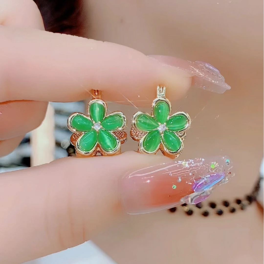 铜合金铅玻璃耳饰 7415绿色精致清新百搭花朵耳扣耳环