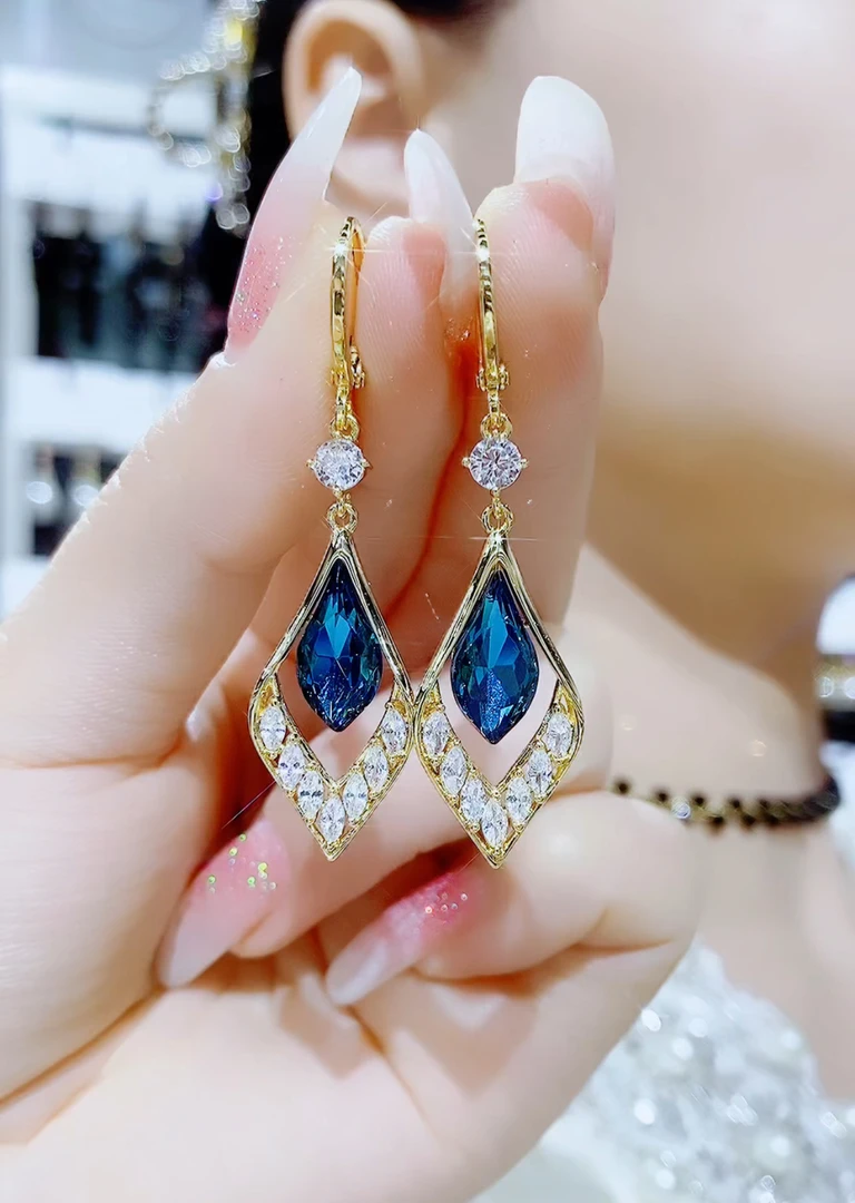 铜合金合成锆石耳饰 9654时尚菱形蓝色显瘦耳环
