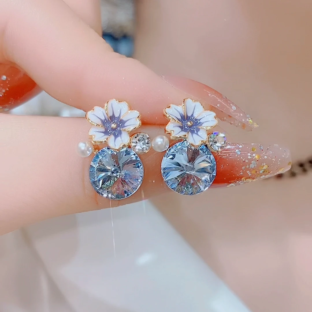 铜合金合成锆石耳饰 气质耳钉7453蓝色清新优雅花朵清新百搭耳环
