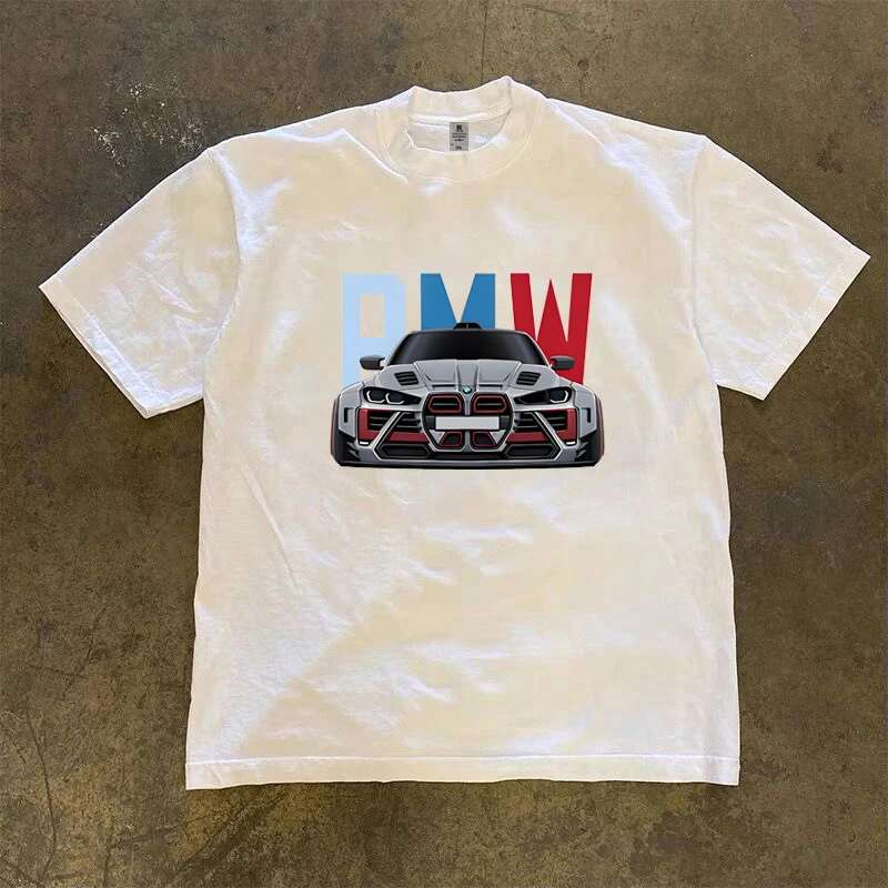 美式休闲宝马汽车印花纯棉短袖男士夏季透气时尚百搭白色时尚T恤