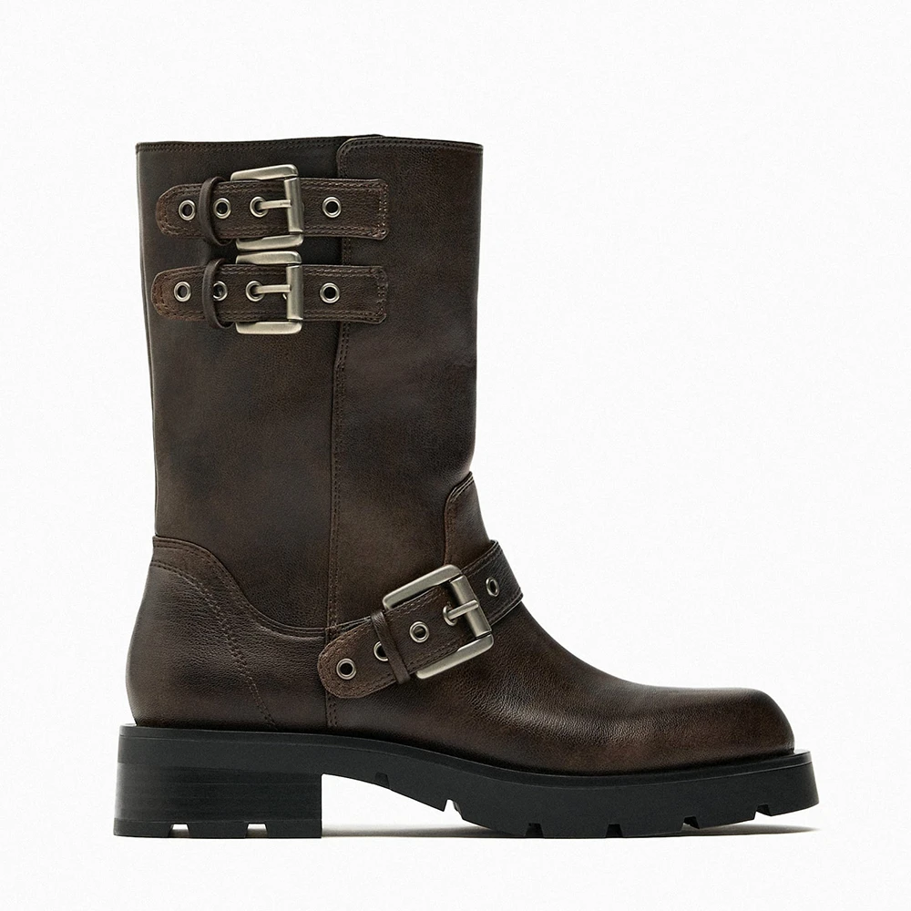 ZA靴子粗跟厚底短靴女美拉德风2023秋冬复古皮带扣西部骑士机车靴