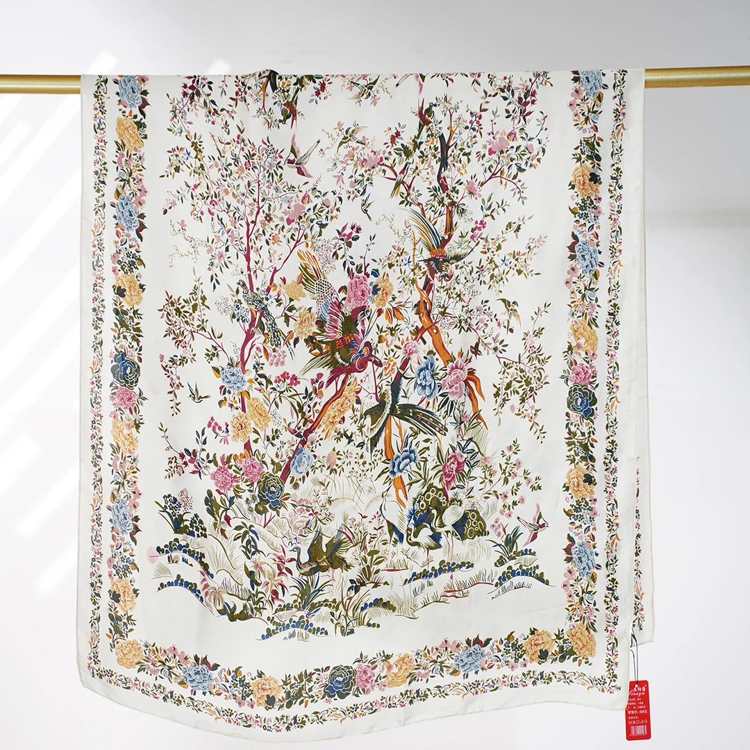 C494【百鸟朝凤长巾】90*180丽锦缎长巾气质百搭复古围巾披肩丝巾女