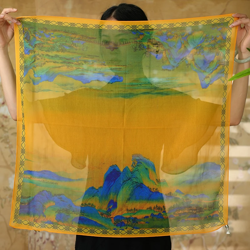 C581【千里江山图】70*70薯莨纱方巾气质百搭时尚复古围巾披肩丝巾