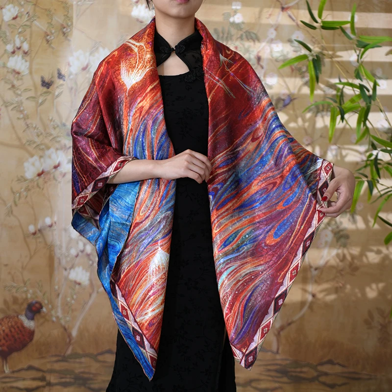 C505【七彩凤尾】140*140龟裂纹方巾气质百搭时尚复古围巾披肩丝巾