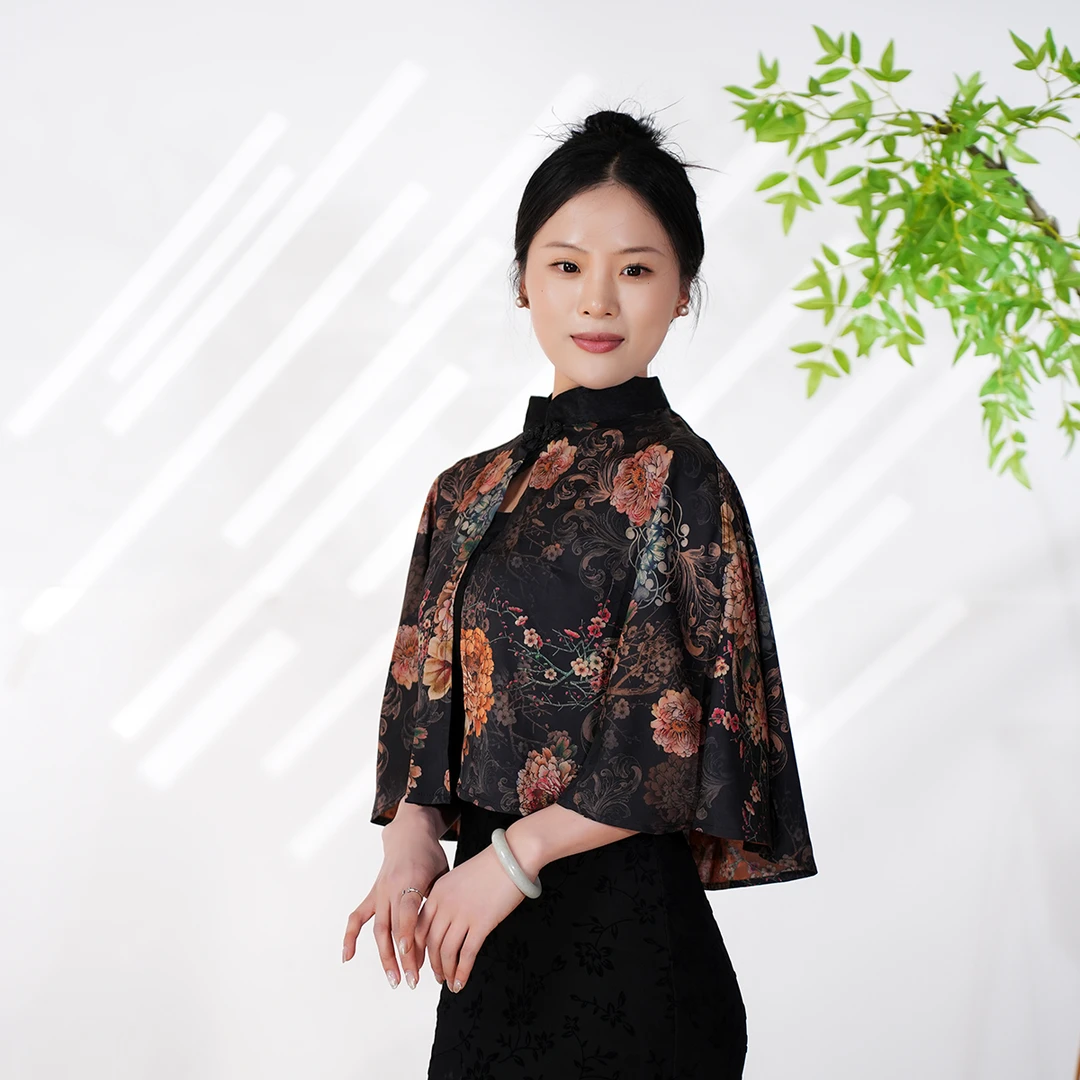 C438【复古牡丹】新中式香云纱披肩短外套2024春新款复古桑蚕丝