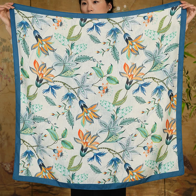 A28【陌上花开】90*90羊绒真丝复古方巾气质百搭时尚围巾披肩丝巾