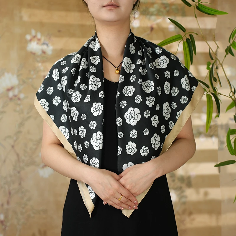 C628【清新山茶】90*90香云缎气质方巾复古百搭时尚围巾披肩丝巾女