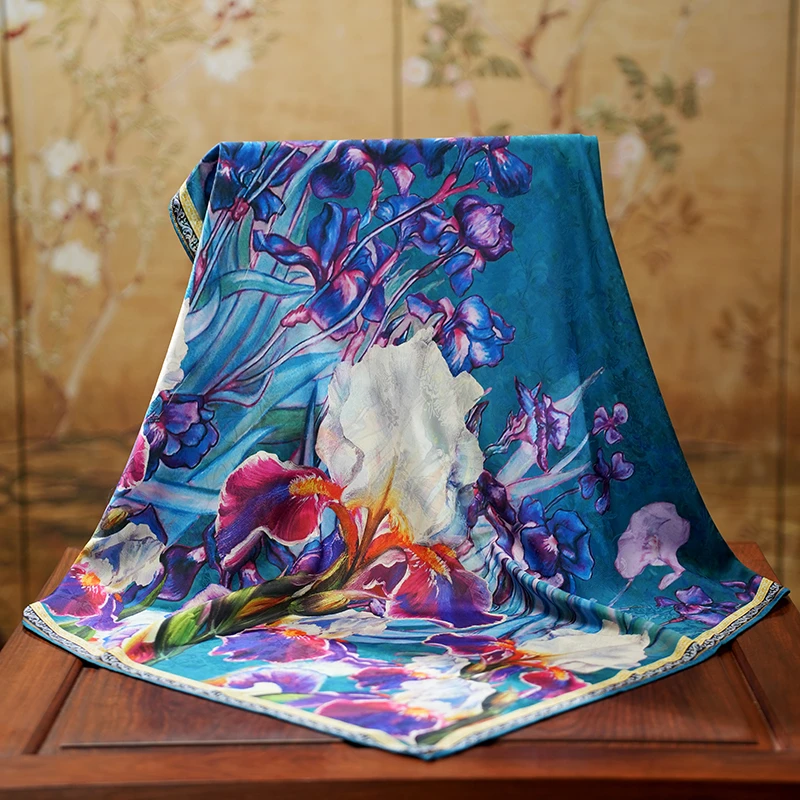 C267【油画鸢尾】70*70香云花萝双面国风时尚百搭方巾丝巾围巾女