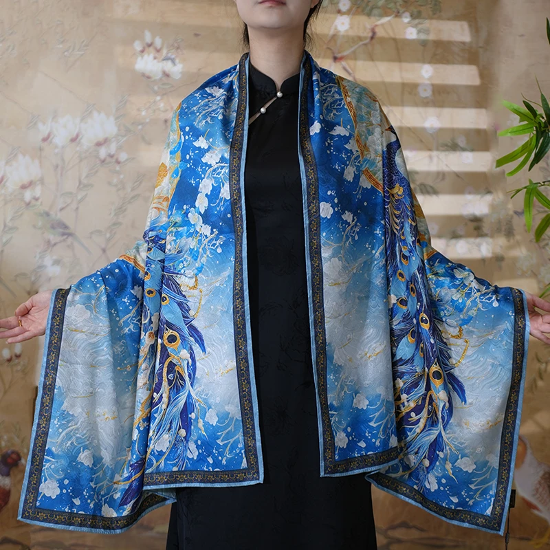 C701【花枝孔雀】70*180龙鳞纹长巾气质百搭时尚复古围巾披肩丝巾女