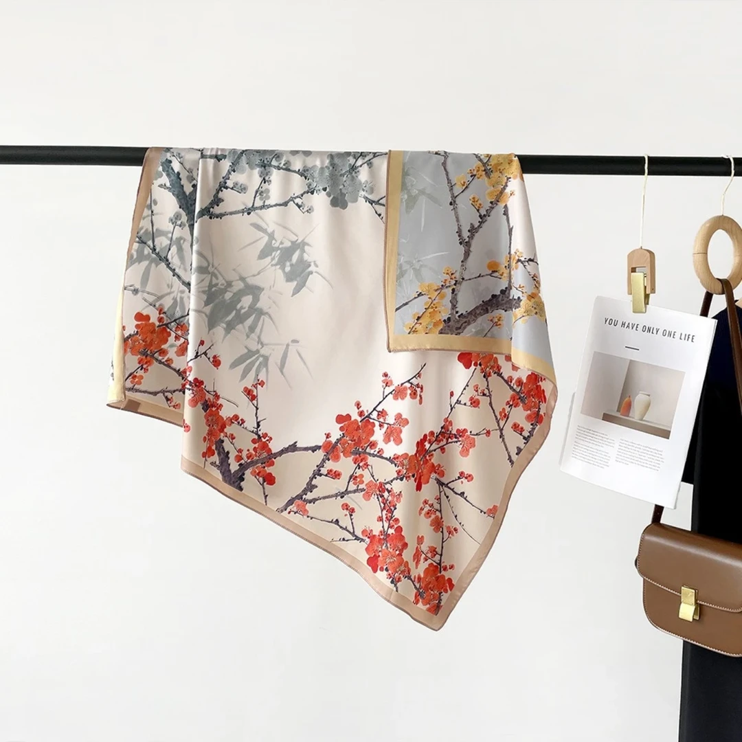 C247【傲雪寒梅】90*90香云丝巾方巾时尚气质围巾百搭国风披肩女士