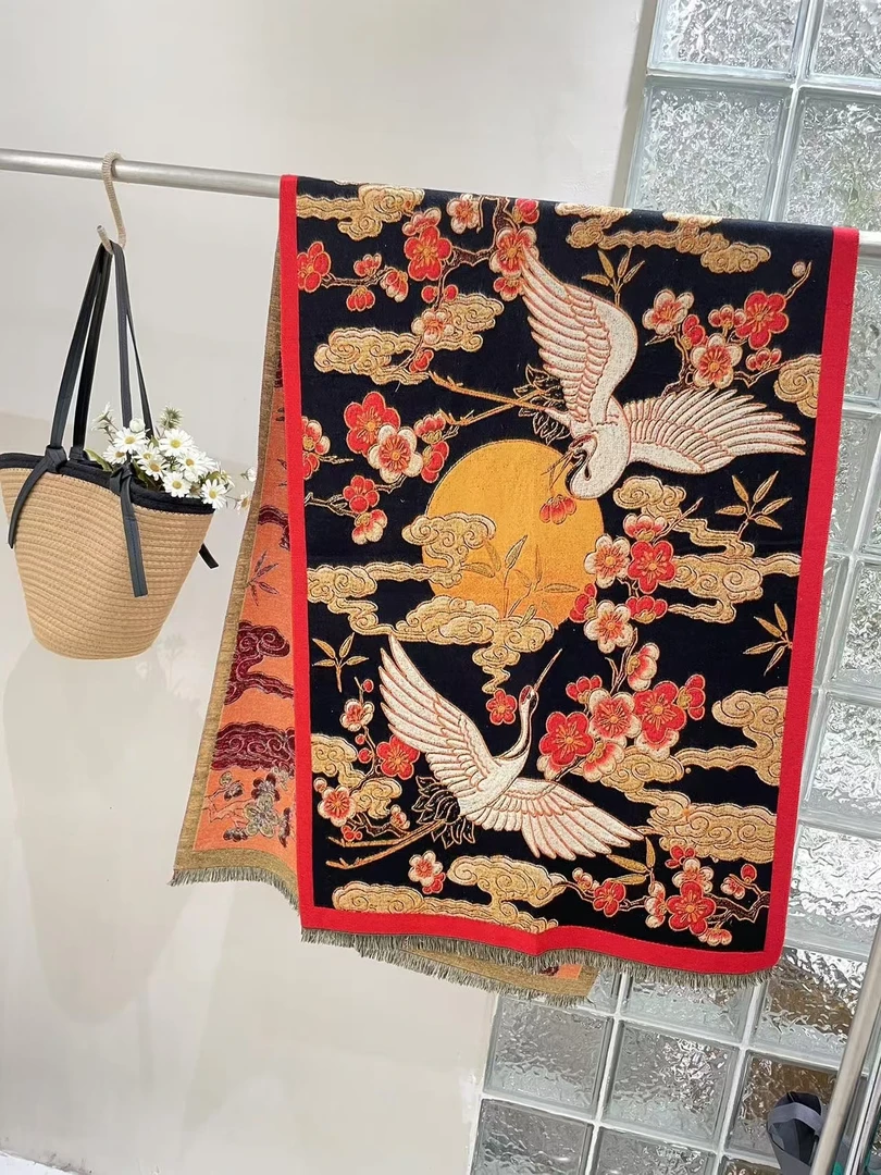 C687【祥云野鹤】70*180羊绒真丝长巾复古百搭时尚围巾披肩丝巾女