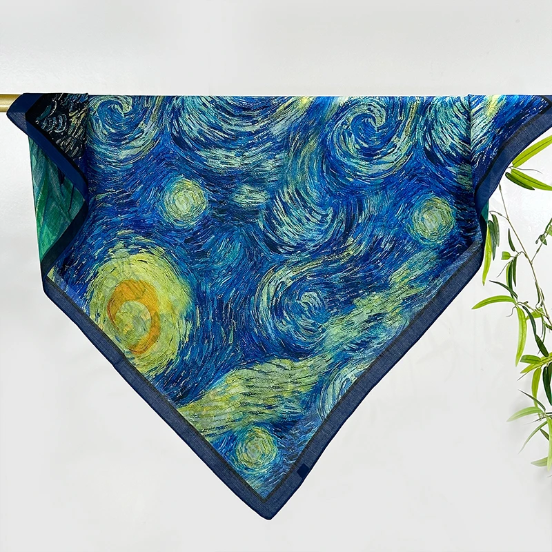 A9【梵高星空】90*90羊绒真丝气质方巾复古百搭时尚围巾披肩丝巾女