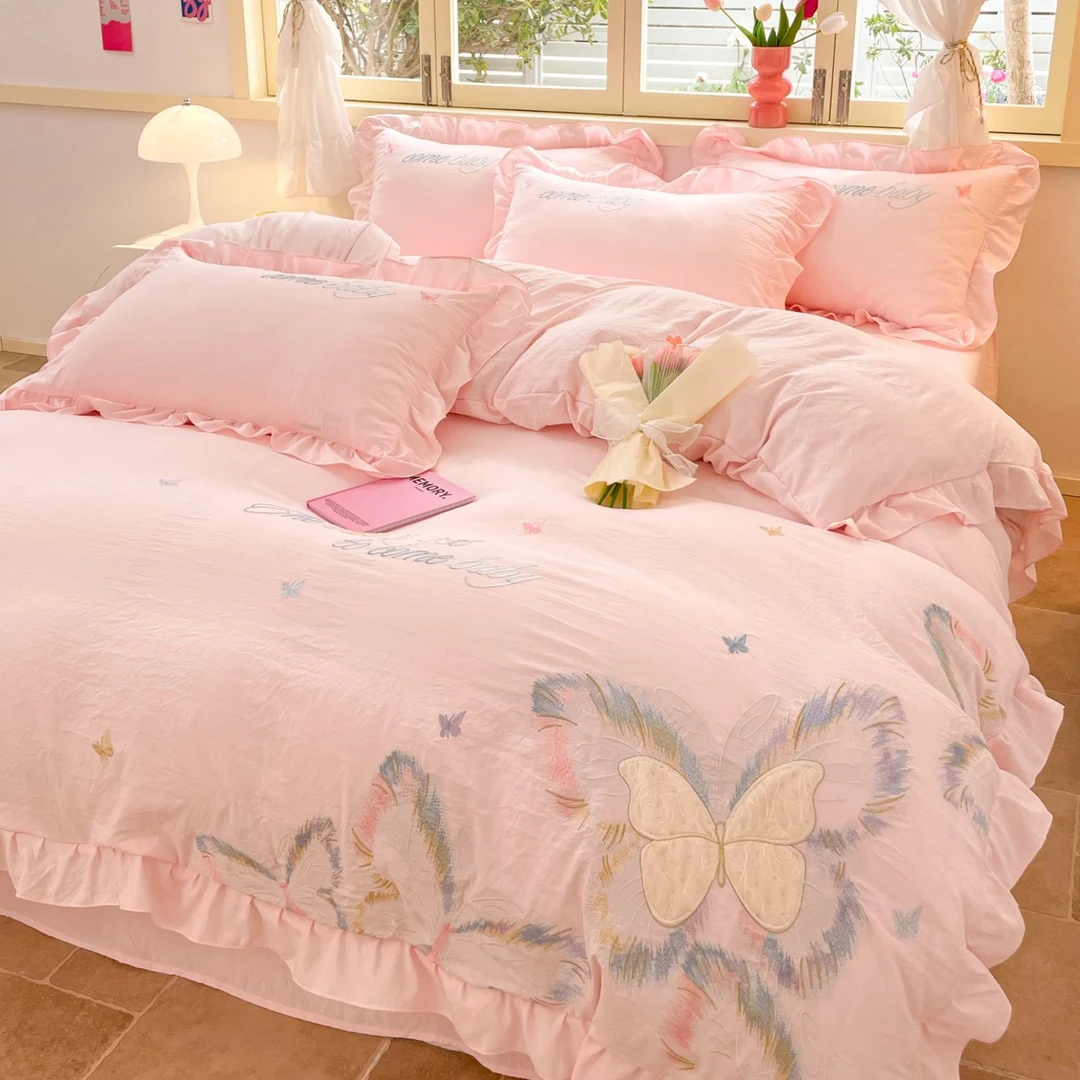 韩版刺绣亲肤水洗棉四件套加厚四季款被套床单纯色公主风床上用品