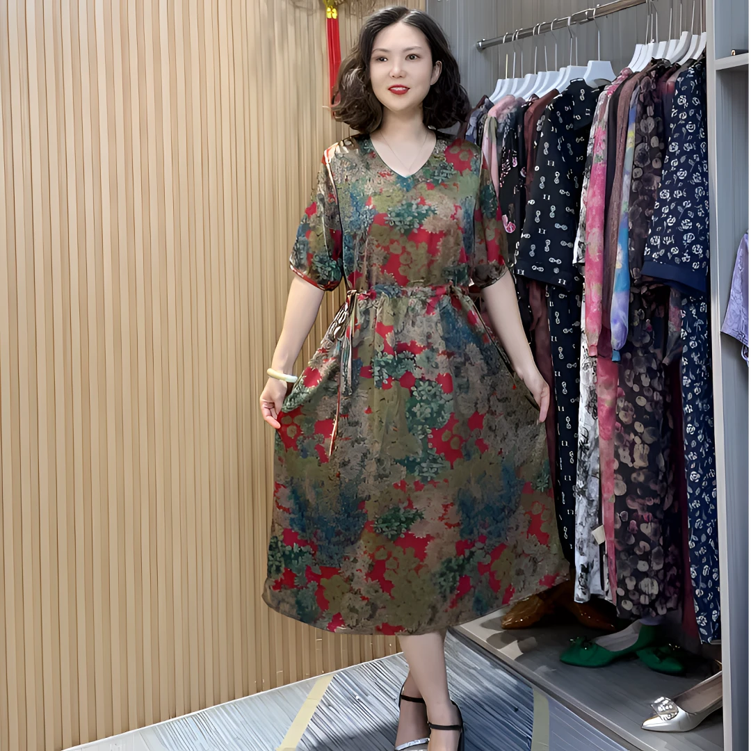 579夏季新款时尚气质显瘦妈妈装连衣裙过膝遮肚中长款女装裙子