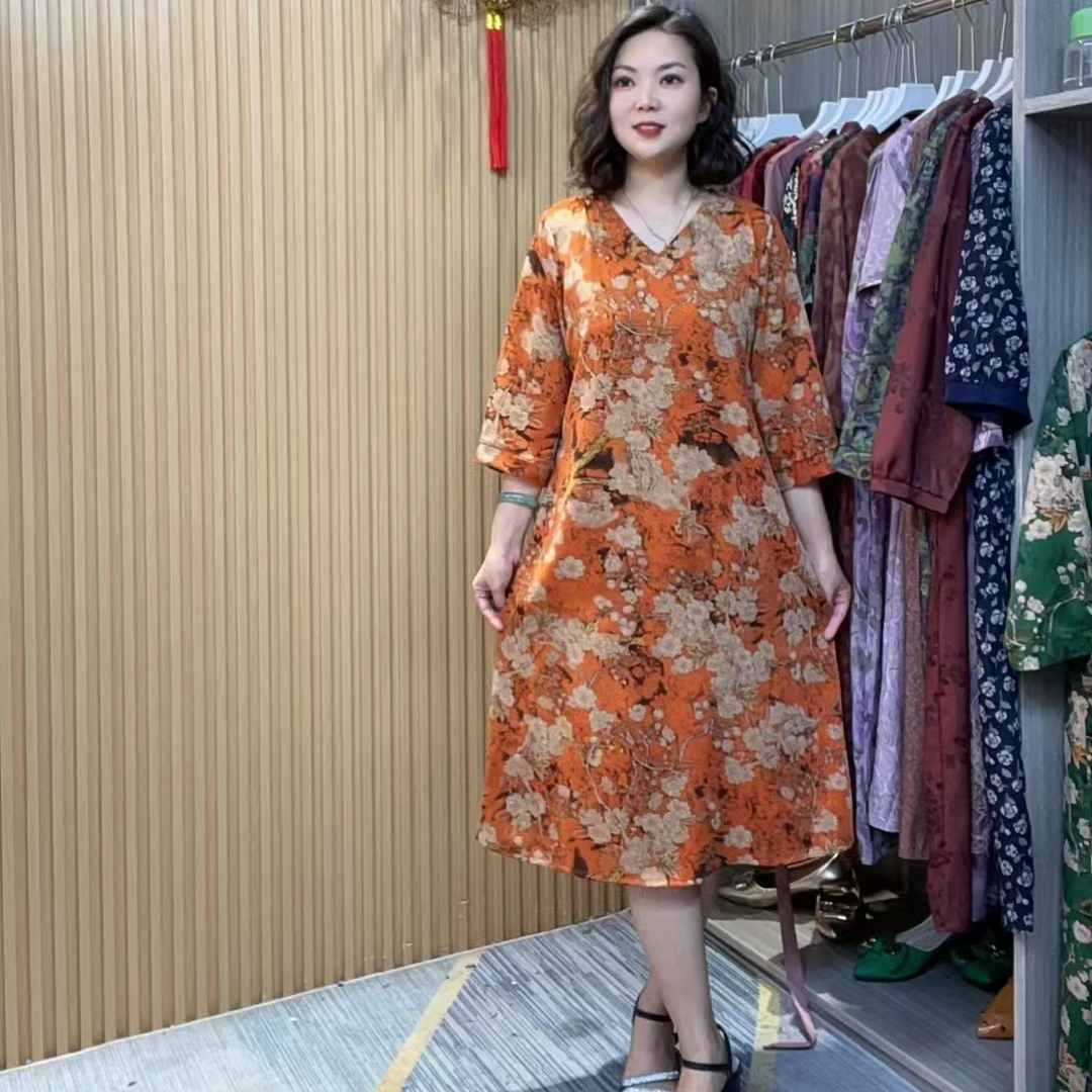 556秋季新款时尚气质显瘦宽松连衣裙过膝遮肚中长款长袖女装裙子