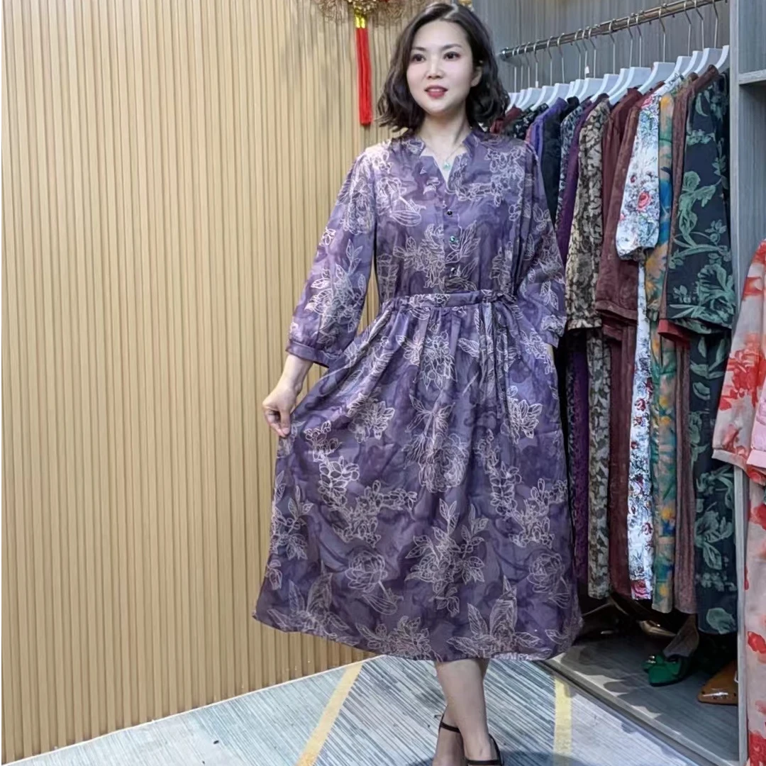 447早秋新款时尚气质显瘦宽松连衣裙中长款收腰长袖紫色女装裙子