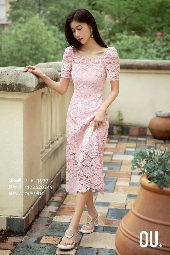 OU法式优雅气质经典蕾丝中长款短袖连衣裙1122320749