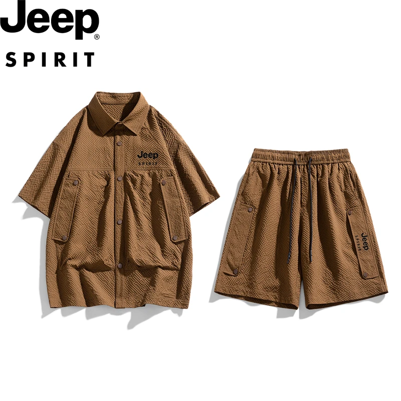 JEEPSPIRIT吉普翻领短袖套装男士五分裤宽松休闲复古时尚印花两件