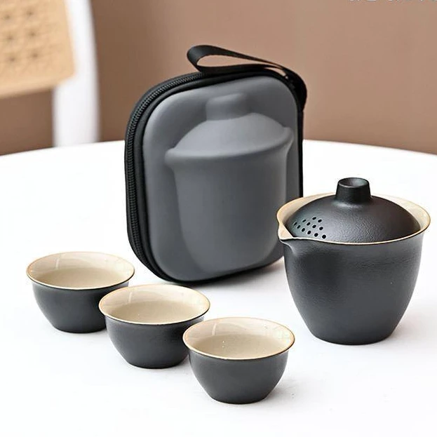 黑陶旅行功夫茶具快客杯小套装一壶三杯便携式户外陶瓷泡茶杯露营