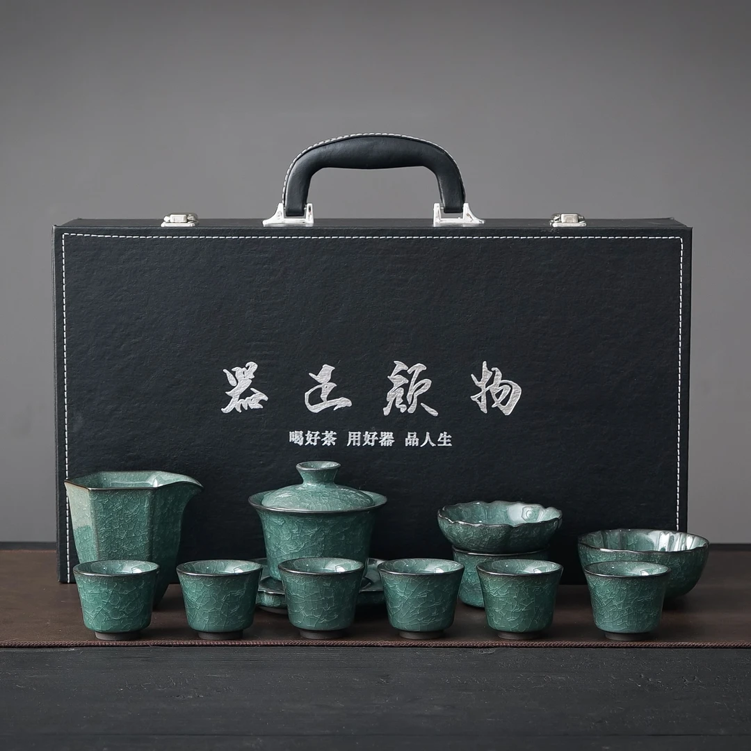 绿冰功夫茶具高端陶瓷三彩盖碗复古11头遇水化则化带礼盒送礼自用