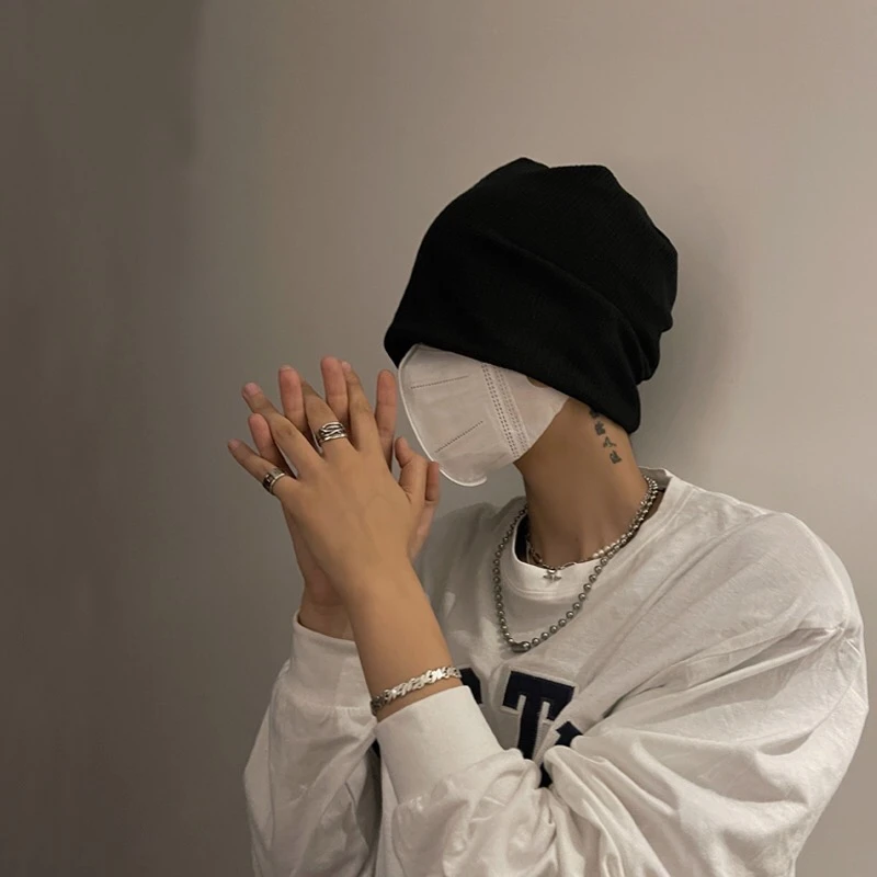 Supchaoke 黑色帽子男士冬季潮堆堆帽男士大头围冷帽包头帽针织帽