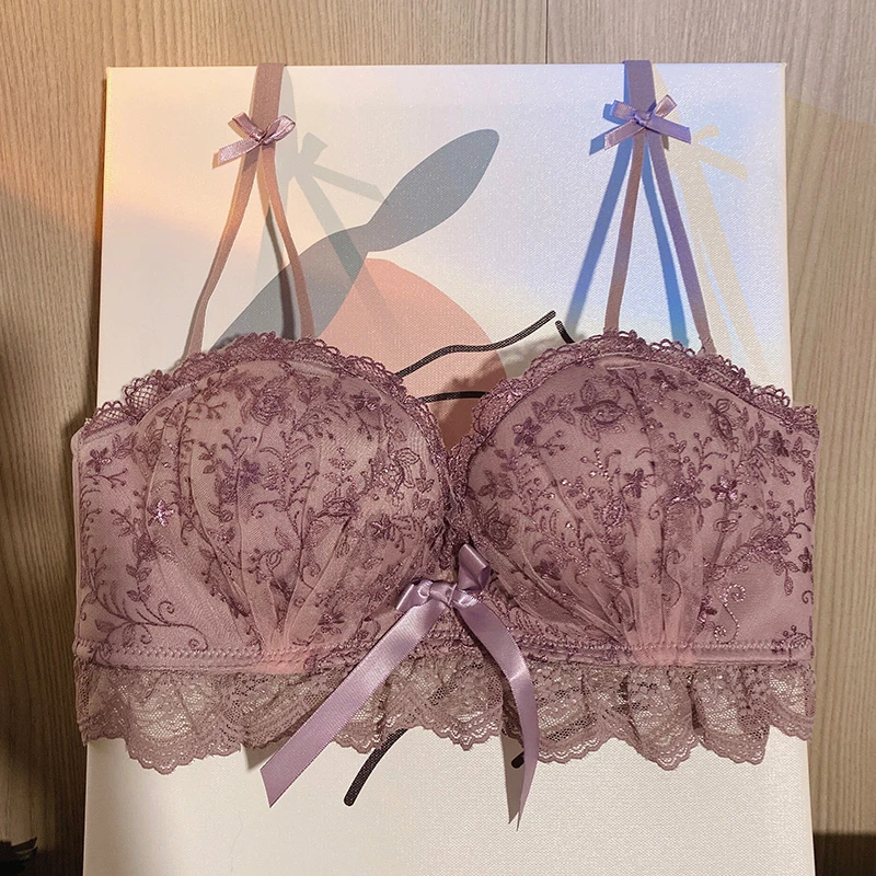 小胸聚拢紫色蕾丝内衣收副乳防下垂性感文胸显胸大无钢圈胸罩套装