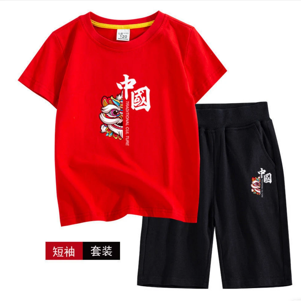 民族风新款舞狮中国风中大童夏季套装精棉男女孩国庆国潮卡通动漫
