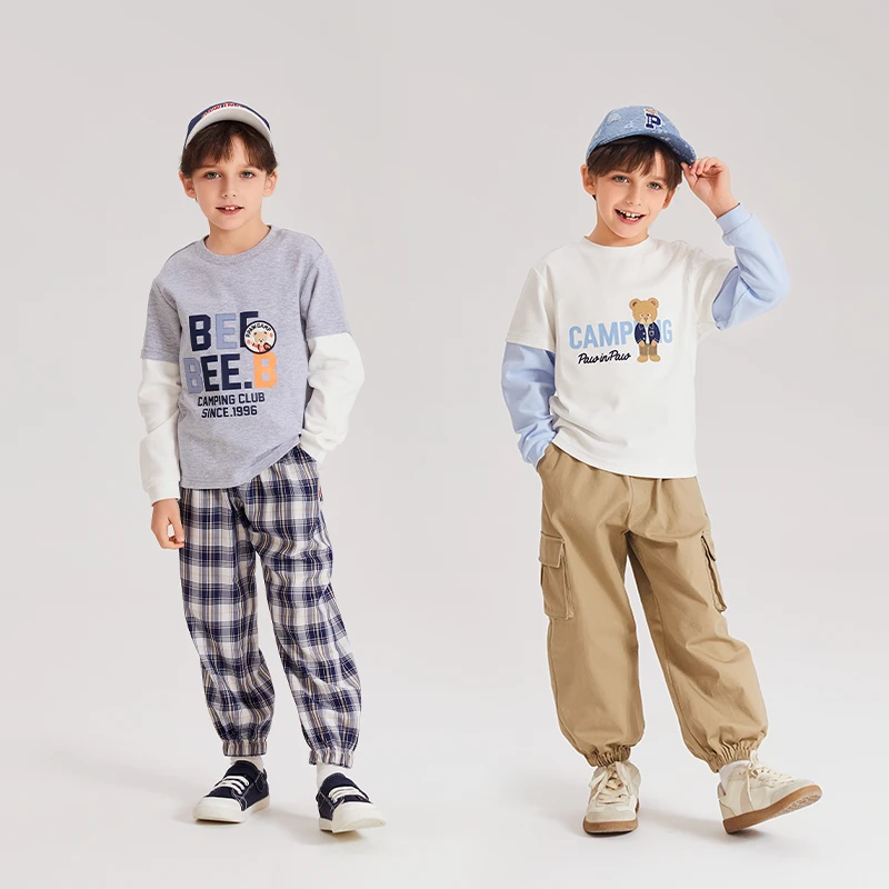 PawinPaw卡通小熊童装 早秋新款男童圆领拼接印花长袖休闲T恤