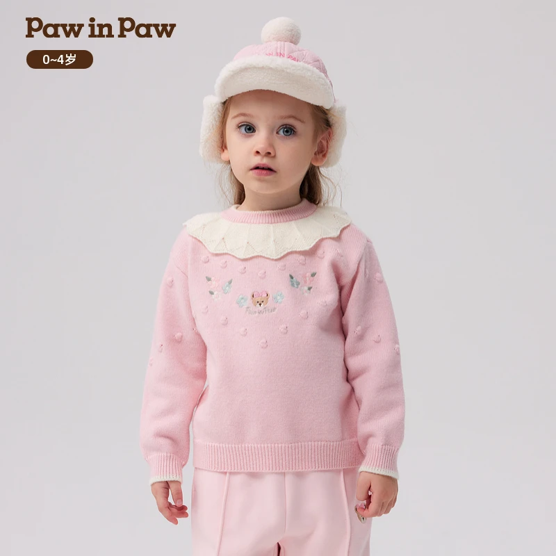 PawinPaw卡通小熊童装秋冬新款女宝花边半高领毛衣甜美PCKAE4V82M