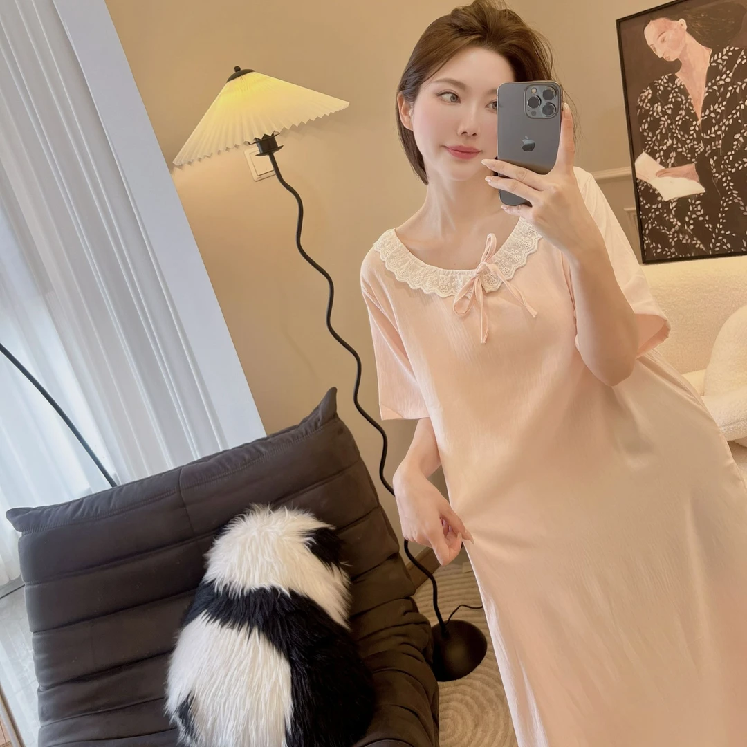 小清新治愈系睡裙木耳边蕾丝家居服柔超舒服海岛丝棉纯色睡衣