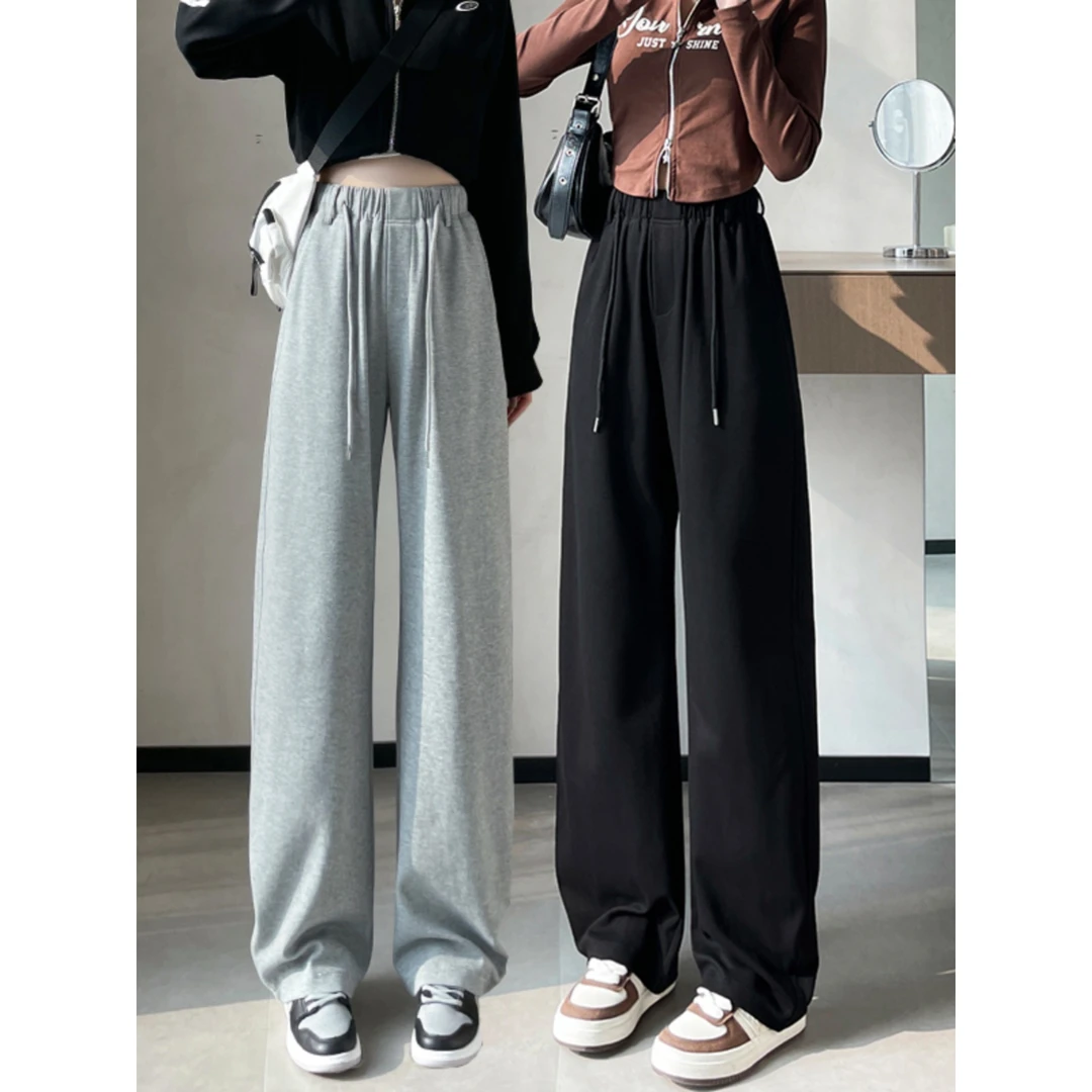 灰色休闲阔腿裤女春秋季2024新款高腰垂感小个子直筒运动香蕉卫裤