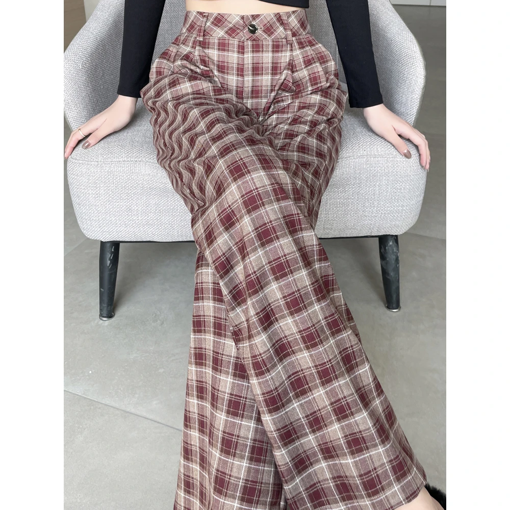 红色格子高级感西装裤子女春夏季2024新款高腰窄版直筒阔腿裤垂感