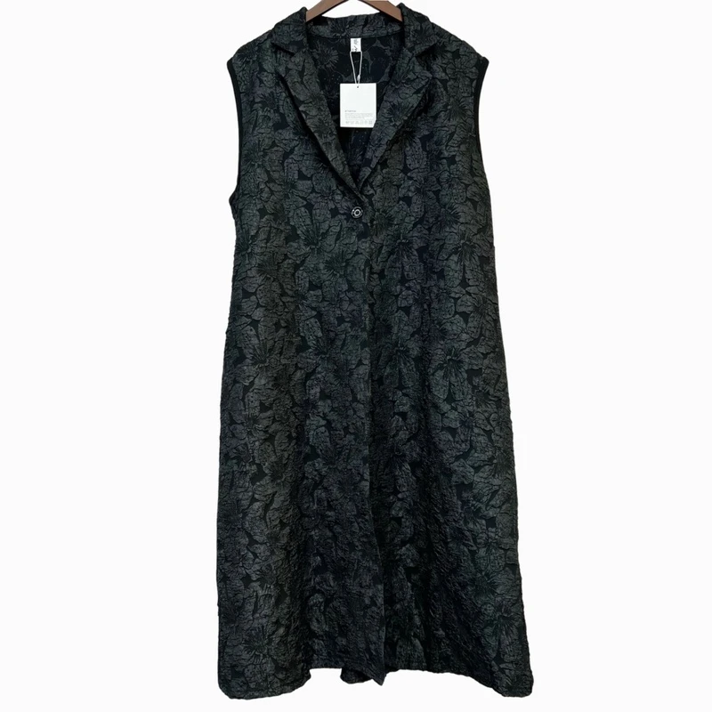 秋冬黑色休闲宽松立体浮雕裤子提花气质百搭马甲中长款时尚马夹