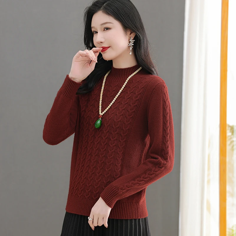 2024针织衫秋冬新款纯色半高圆领时尚宽松遮肚长袖妈妈毛衣打底衫